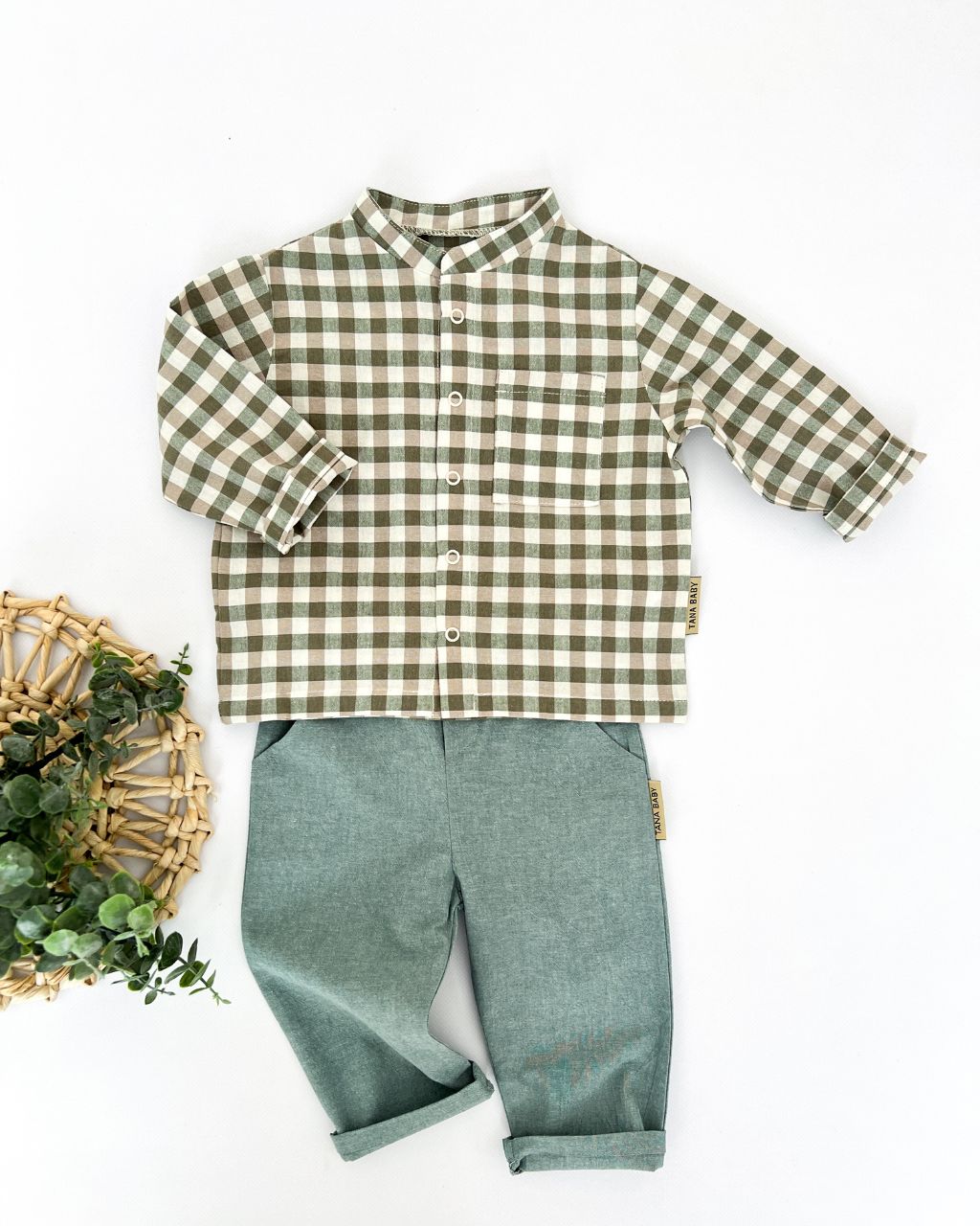 Костюм із органічної бавовни Organic Comfort штанці та сорочка зелено-коричневий